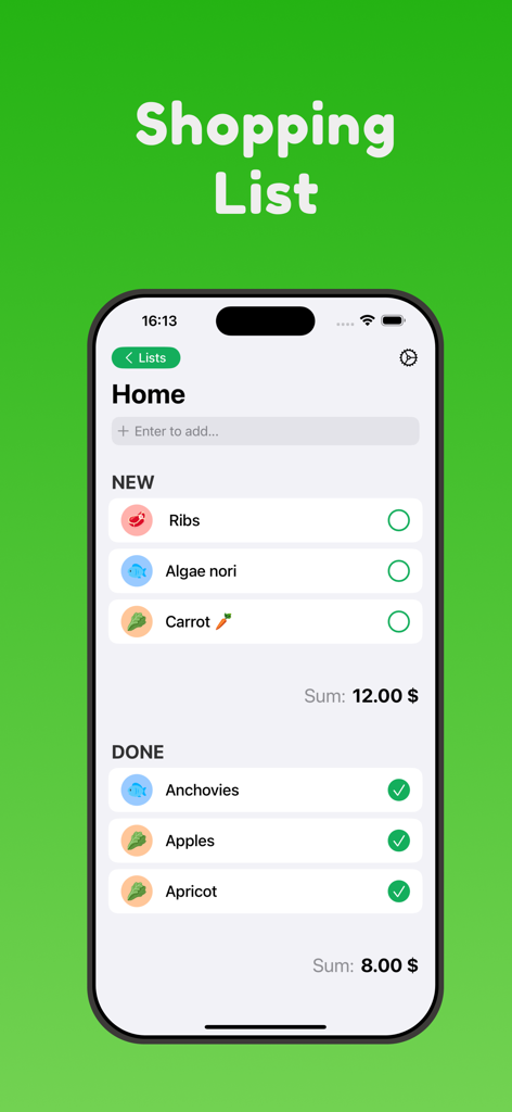 Interface de um aplicativo de lista de compras compartilhada em um celular mostrando itens categorizados e totais de preço