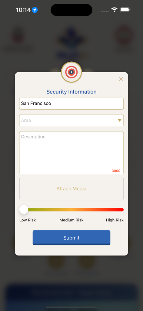 We Are All Police - Security reporting interface with a risk level slider and media attachment options
