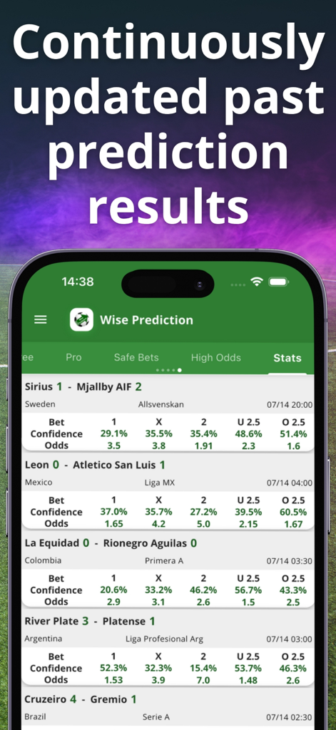 Football Betting Tips & Odds - Una interfaz móvil de la aplicación Wise Prediction que muestra resultados de partidos de fútbol pasados con porcentajes de confianza de IA y cuotas de apuestas