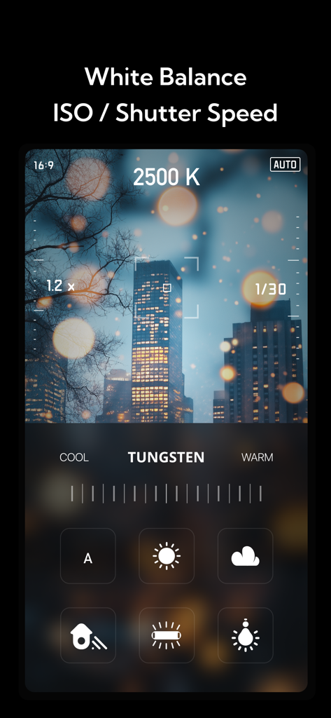 Manual white balance and shutter speed controls in the FILCA vintage camera app showing a night city scene