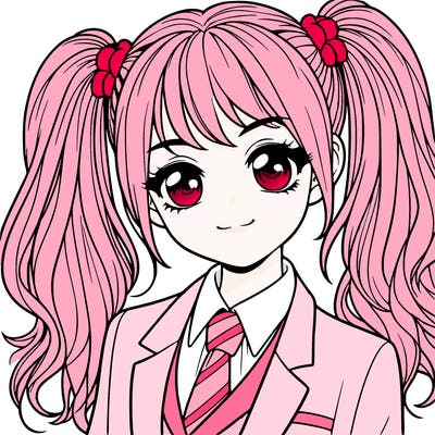 realistic girl with two ponytails and a suit on