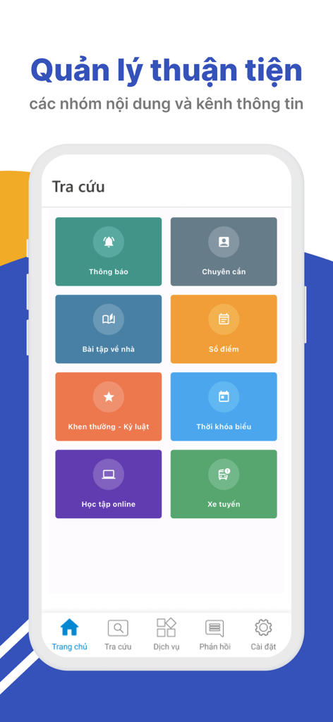 My LTV - My LTV app dashboard showing school management categories in Vietnamese