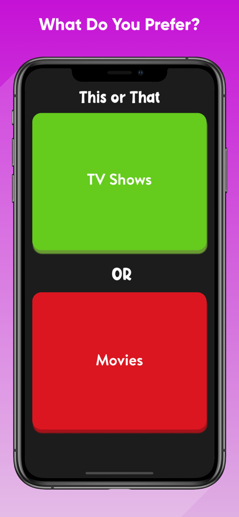 This Or That? - Questions Game - This Or Thatアプリの画面。テレビ番組か映画かの選択肢が表示されている。