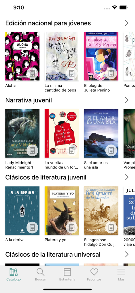Interface of the Biblioteca Pais app displaying categories of Spanish language books including youth narrative and world classics