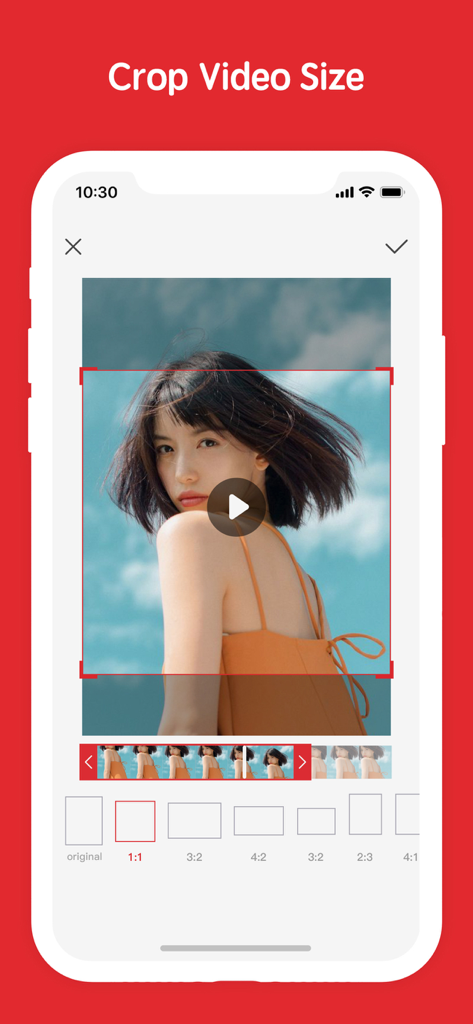 Erase&Change Video Background - Una pantalla de smartphone que muestra la función de recorte de tamaño de video con varias opciones de relación de aspecto.