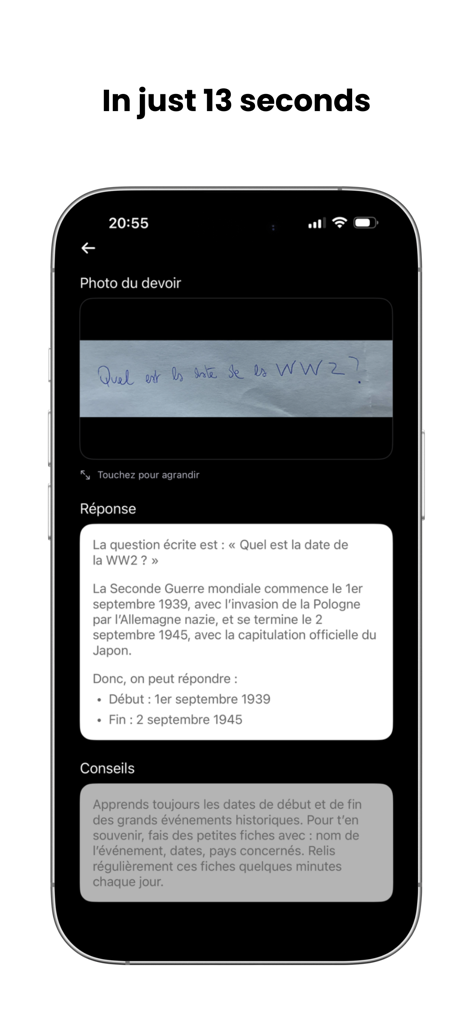 Clevr AI: Homework AI - A smartphone screen showing the Clevr AI app solving a handwritten history question about World War II with an instant response.