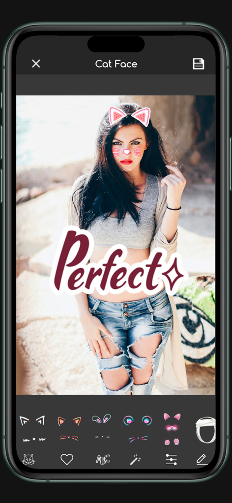 Animal Face changer funny pics - A woman using the cat face filter and stickers in the Animal Face changer app