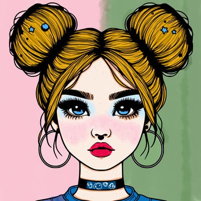 realistic girl with space buns and a nose
