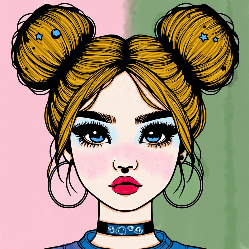 realistic girl with space buns and a nose