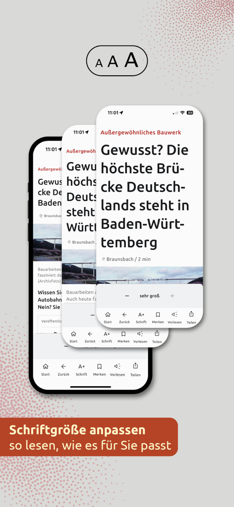 Oberfläche der Schwäbische News-App, die drei verschiedene Schriftgrößen für einen Artikel über die höchste Brücke Deutschlands zeigt