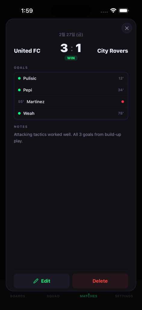 Soccer Board - Manage tactics - A mobile app screen displaying a soccer match summary with scores and tactical performance notes