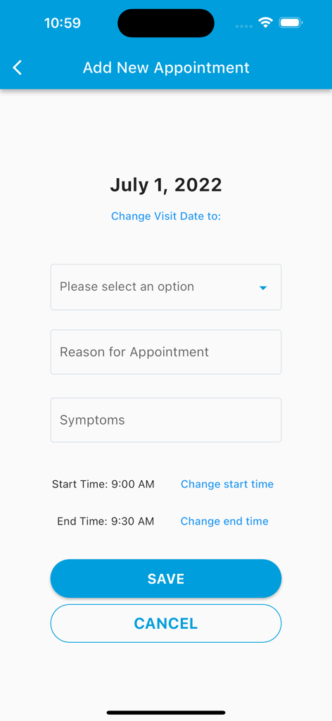 PocketPatientMD - Screenshot of the Add New Appointment screen in PocketPatientMD showing fields for date reason symptoms and time