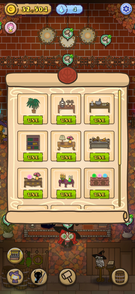 Witch's Potion Shop - A menu in Witch's Potion Shop showing various cozy and witchy furniture items for customization