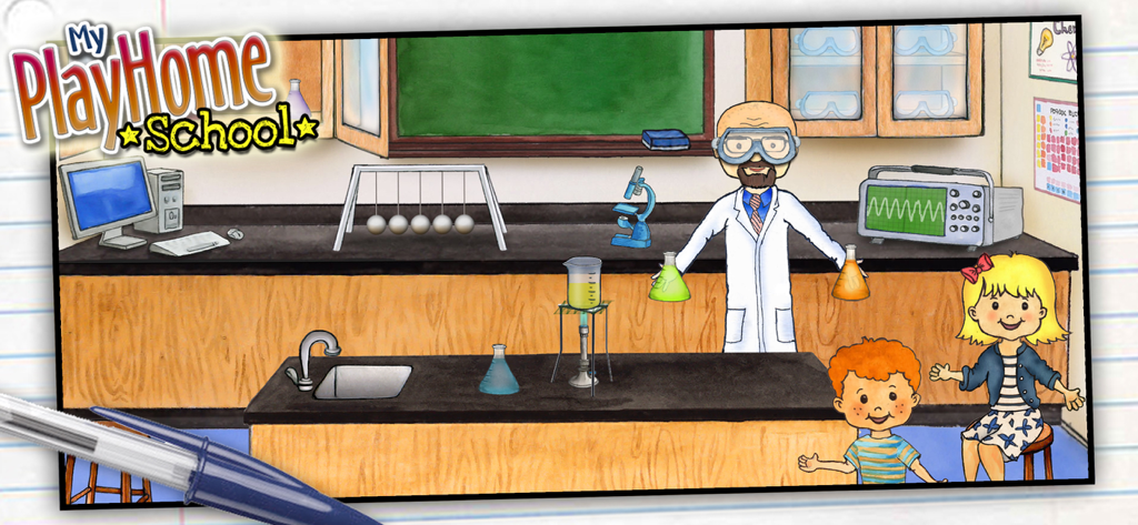 My PlayHome School의 과학 교실, 선생님과 실험 장비를 갖춘 두 아이