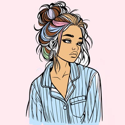 realistic woman with pajamas on and a messy bun