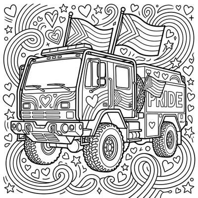 Unleash your creativity with this empowering coloring page featuring a robust wildland fire engine decked out for Pride Month. Discover a design bursting with symbols of love, diversity, and community, ready for your vibrant touch.