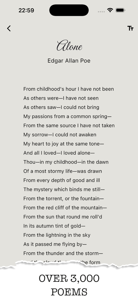 English Poetry Collection - A screen displaying the poem Alone by Edgar Allan Poe in the English Poetry Collection mobile app.