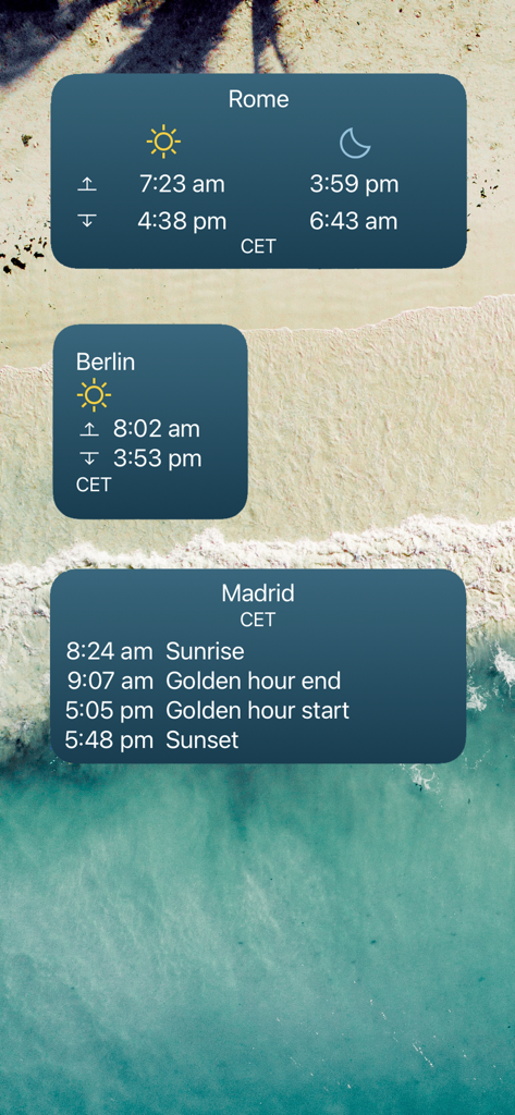 Sun Position Sunrise & Sunset - Sun Position app widgets displaying sunrise sunset and golden hour times for Rome Berlin and Madrid