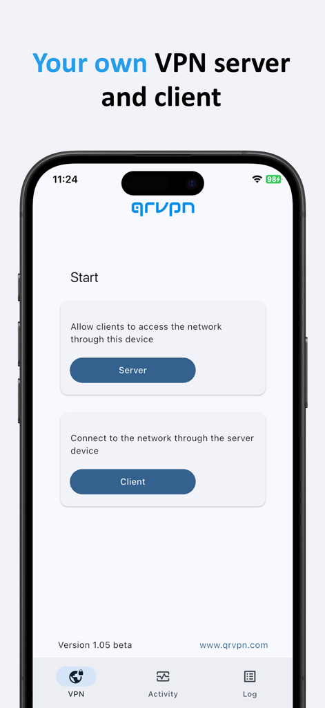 qrvpn 앱 인터페이스가 모바일 장치에서 개인 VPN 서버 또는 클라이언트 구성을 위한 옵션을 보여줍니다