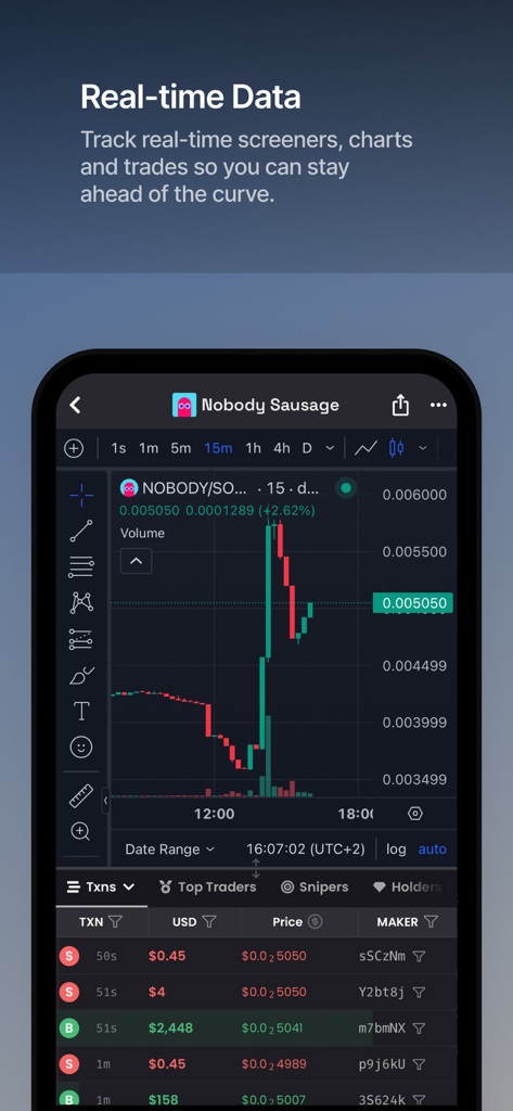 DEX Screener - Interfaccia dell'app mobile DEX Screener che mostra grafici a candela in tempo reale e dati di transazione live per il trading di criptovalute