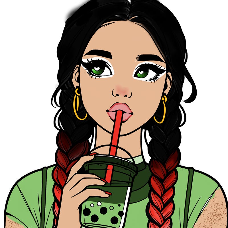 realistic girl with braided hair drinking boba