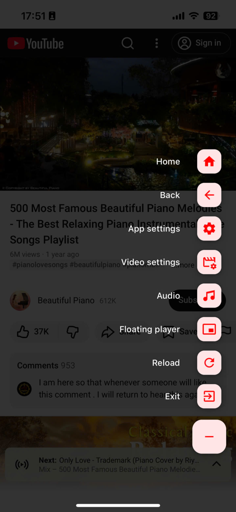 VideoTube - Block video ads - VideoTube App-Oberfläche mit einem Videoplayer und einem Seitenmenü mit Navigations- und Wiedergabeoptionen