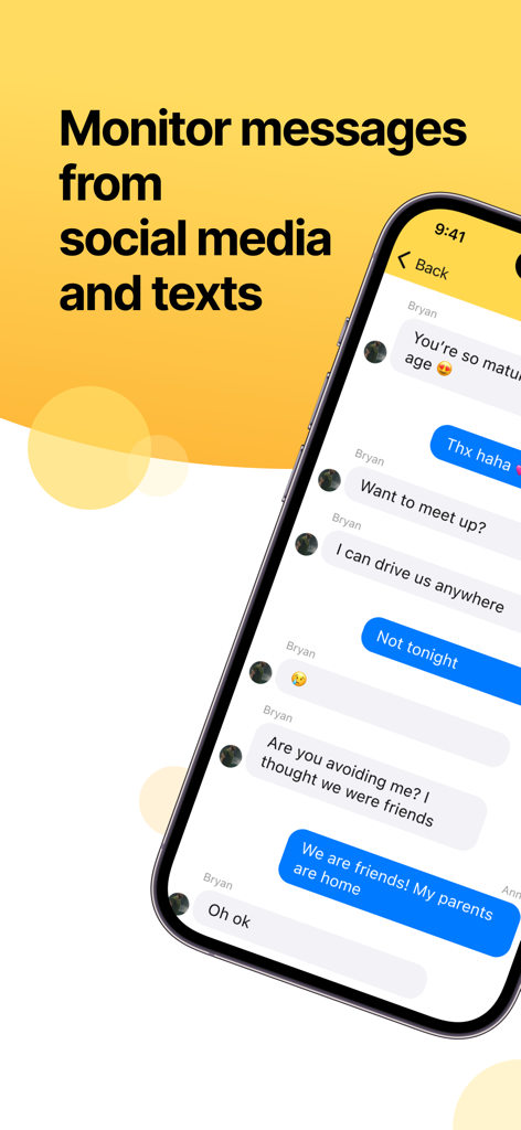 BrightCanary Parental Controls - Screenshot of BrightCanary app displaying social media and text message monitoring features.