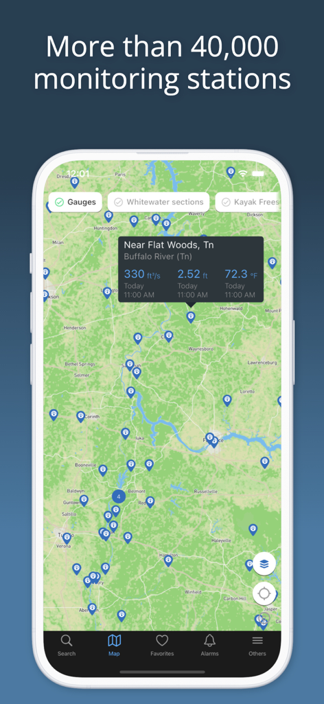 RiverApp interface showing a map with numerous hydrometric stations and real-time flow and temperature data for the Buffalo River in Tennessee