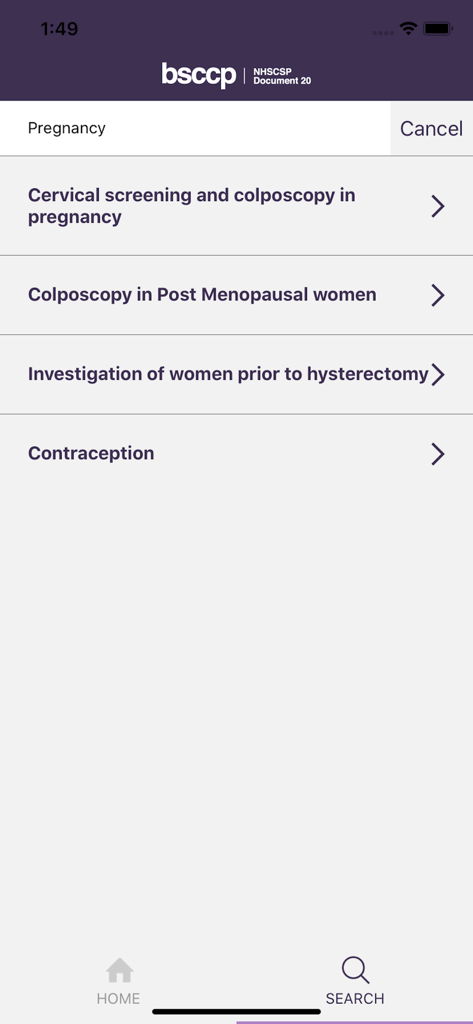 Search results for pregnancy and colposcopy protocols in the BSCCP clinical guide app.