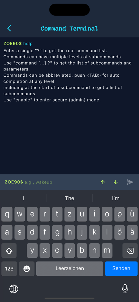 Interfaz de terminal de comandos de la aplicación móvil OVMS Connect para diagnósticos y control avanzados de vehículos eléctricos