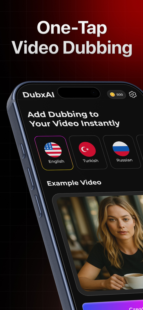 DubxAI: AI Video Dubbing Voice - DubxAIモバイルアプリのインターフェース。ワンタップで動画ダビングと言語翻訳が可能。