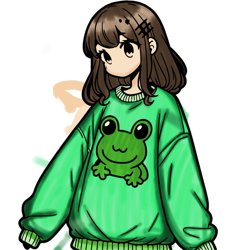 girl wearing frogging sweatshirt