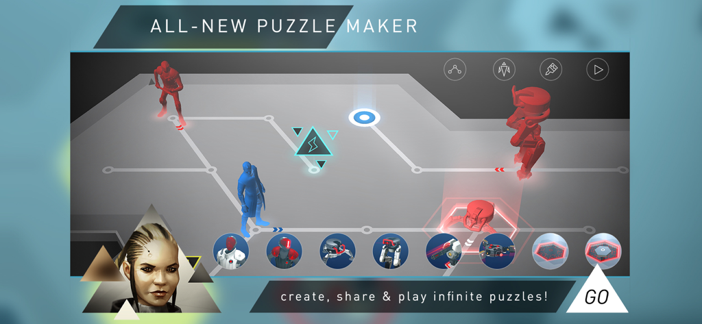 Deus Ex GO - Deus Ex GO puzzle maker tool showing a level editor with characters and grid-based nodes