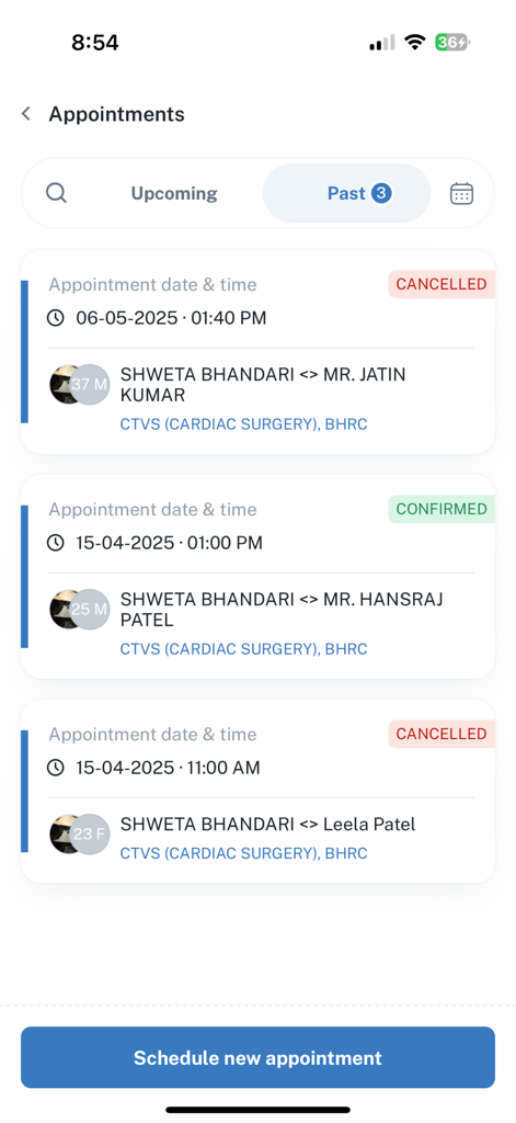 Yuvaan+ - Yuvaan Plus app interface showing a list of past medical appointments with confirmed and cancelled statuses