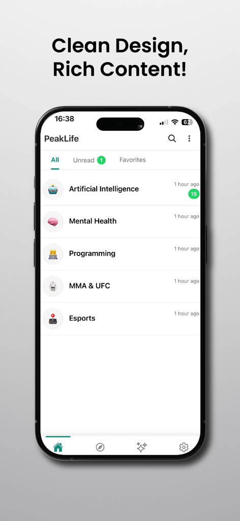 Interfaz de PeakLife AI mostrando categorías de noticias como IA y Salud Mental con un diseño minimalista.