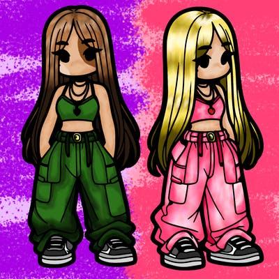 girl in baggy pants crop top and long hair