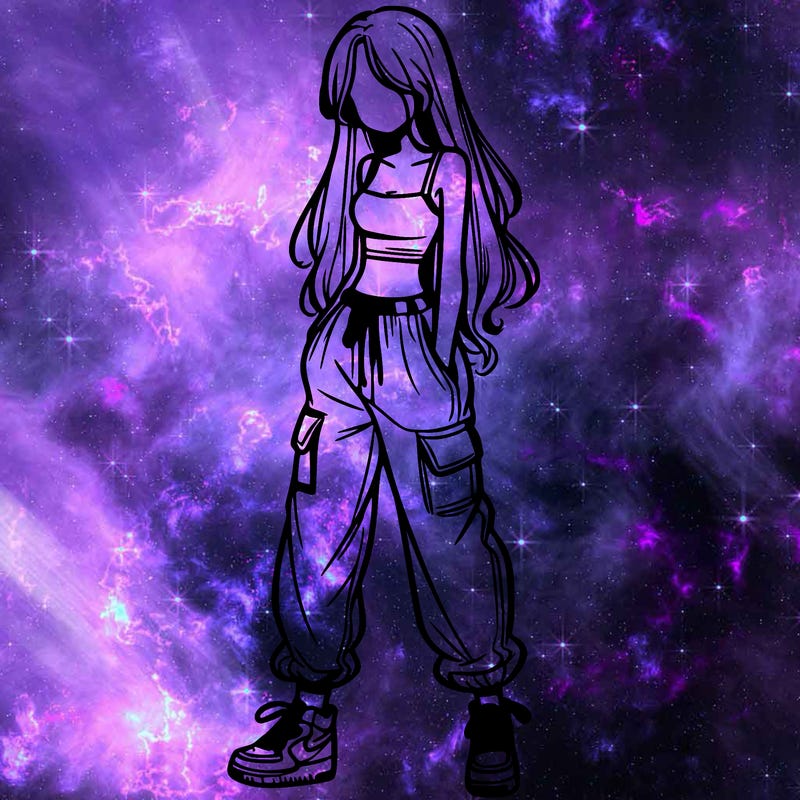 girl in baggy pants crop top and long hair