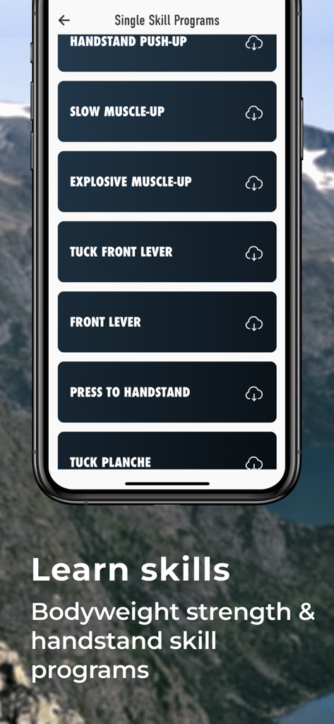 Berg Movement - List of calisthenics skill programs in the Berg Movement app interface