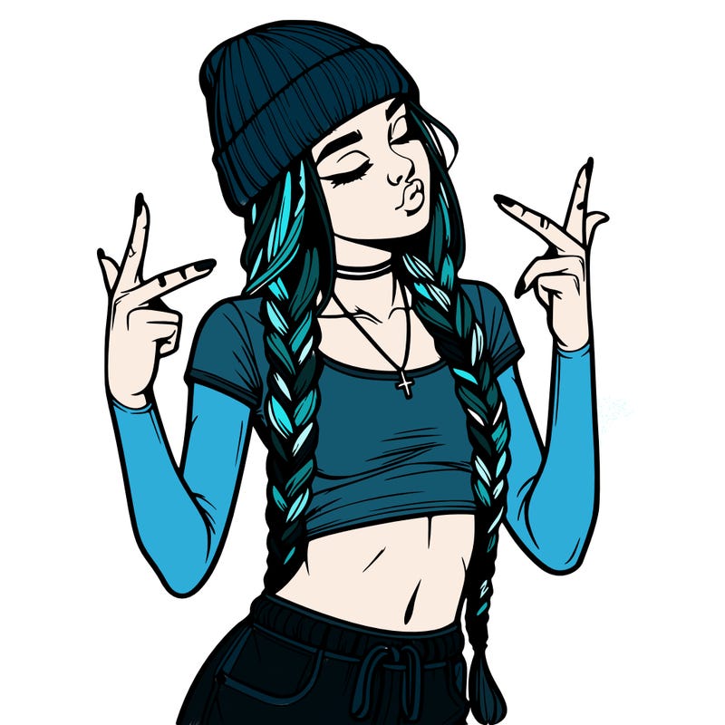 realistic teenage girl with braids and a beanie and crop top doing 🫶🏼
