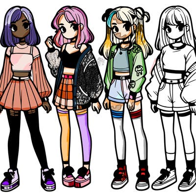 one girl with crop-top shirt and a jacket with a skirt, long socks and another girl with a shirt and pants with a jacket