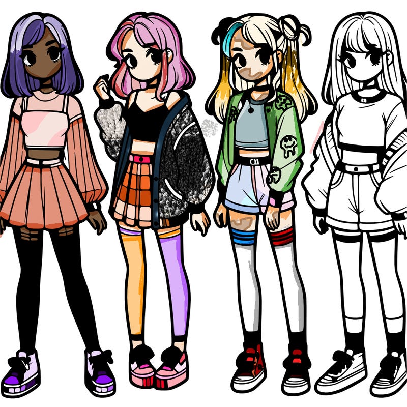 one girl with crop-top shirt and a jacket with a skirt, long socks and another girl with a shirt and pants with a jacket