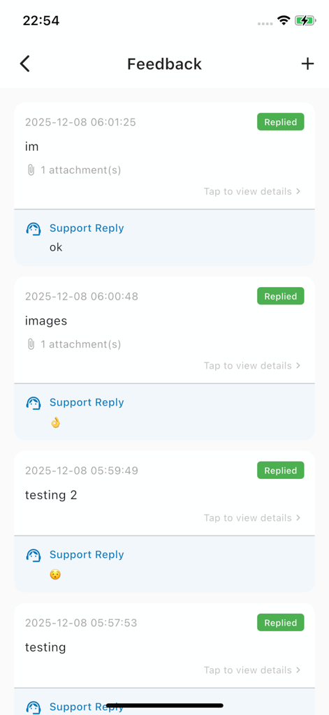 User feedback interface of the AImagica app showing support replies and message history.