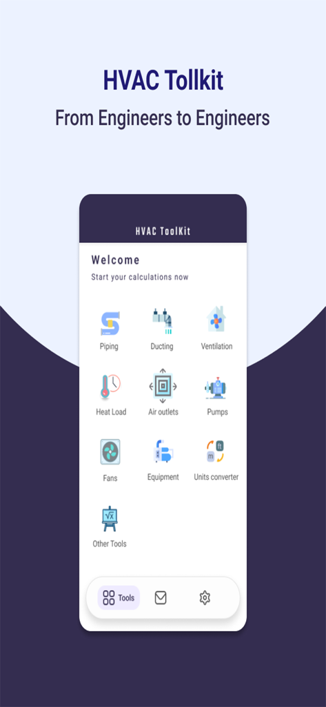 HVAC ToolKit - Painel do aplicativo HVAC ToolKit mostrando ferramentas de cálculo para tubulações, dutos, ventilação e cargas térmicas.