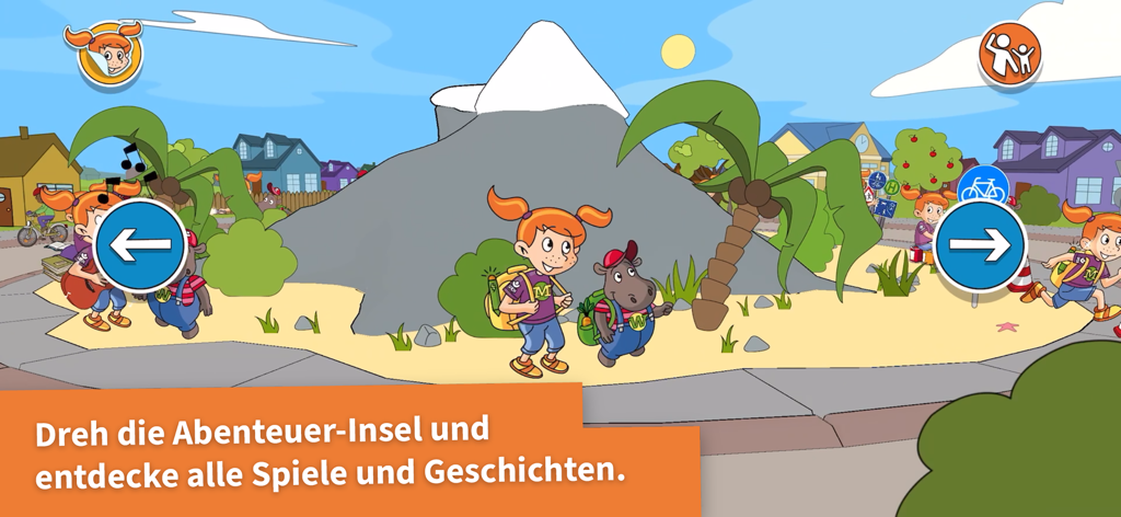 Molli und Walli | UKH - Personajes de Molli y Walli parados en una isla de aventuras en el menú de una aplicación infantil de seguridad vial