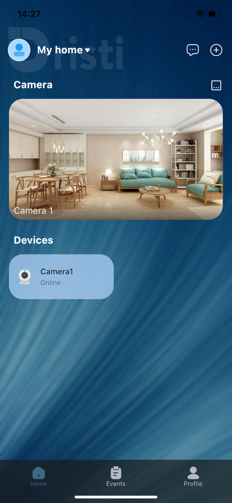 Home screen of the Dristi app displaying a live security camera feed and a list of connected devices.