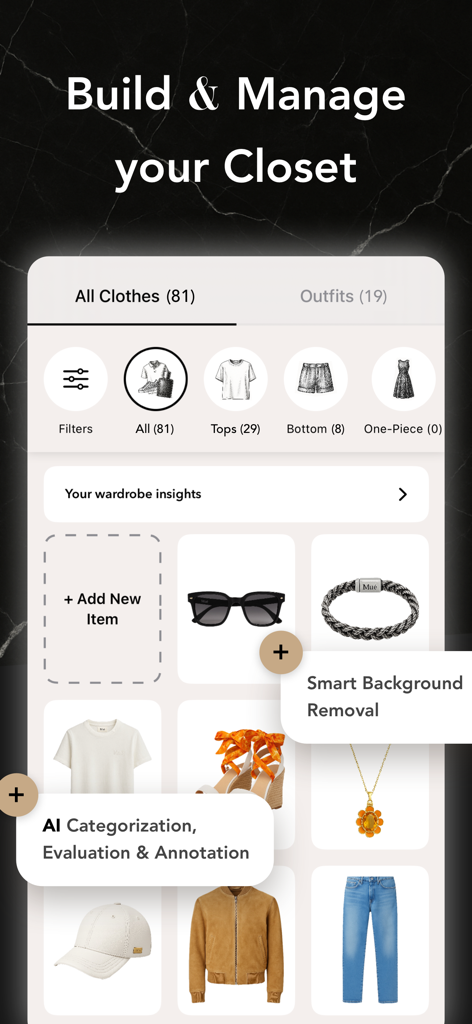 Interface of the Mué app showing digital closet organization with AI background removal and categorization features.