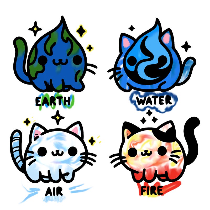 4 cats that represent the different elements, earth, water, air, and fire