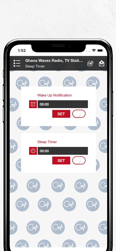 Sleep timer and wake up notification settings screen in the Africa Waves Radio app
