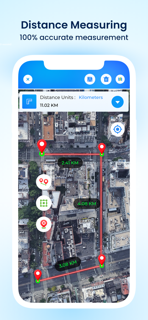 Fields Area Measurement app showing distance calculation on a satellite map