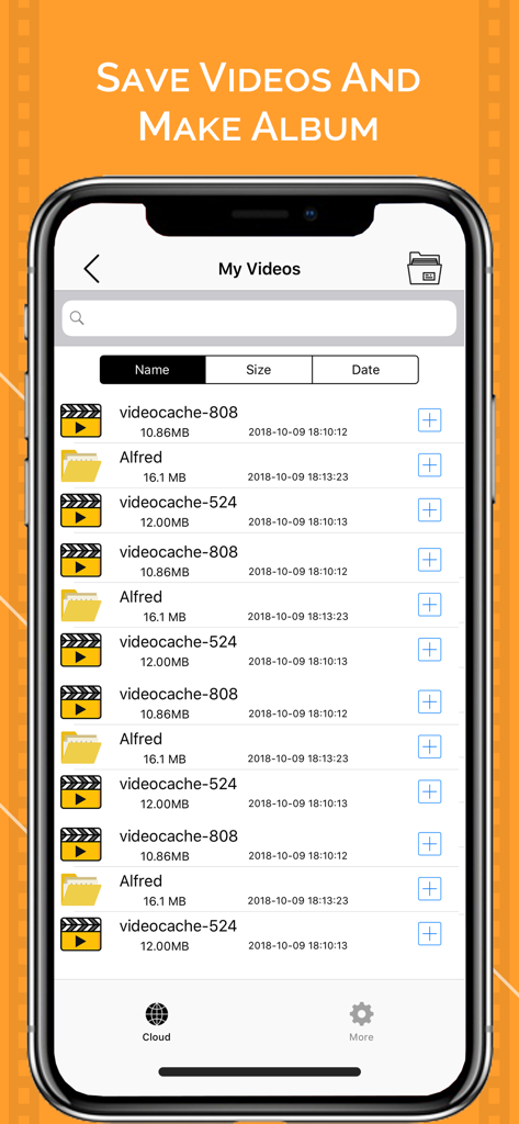 Mobile app interface showing a list of organized video files and custom albums